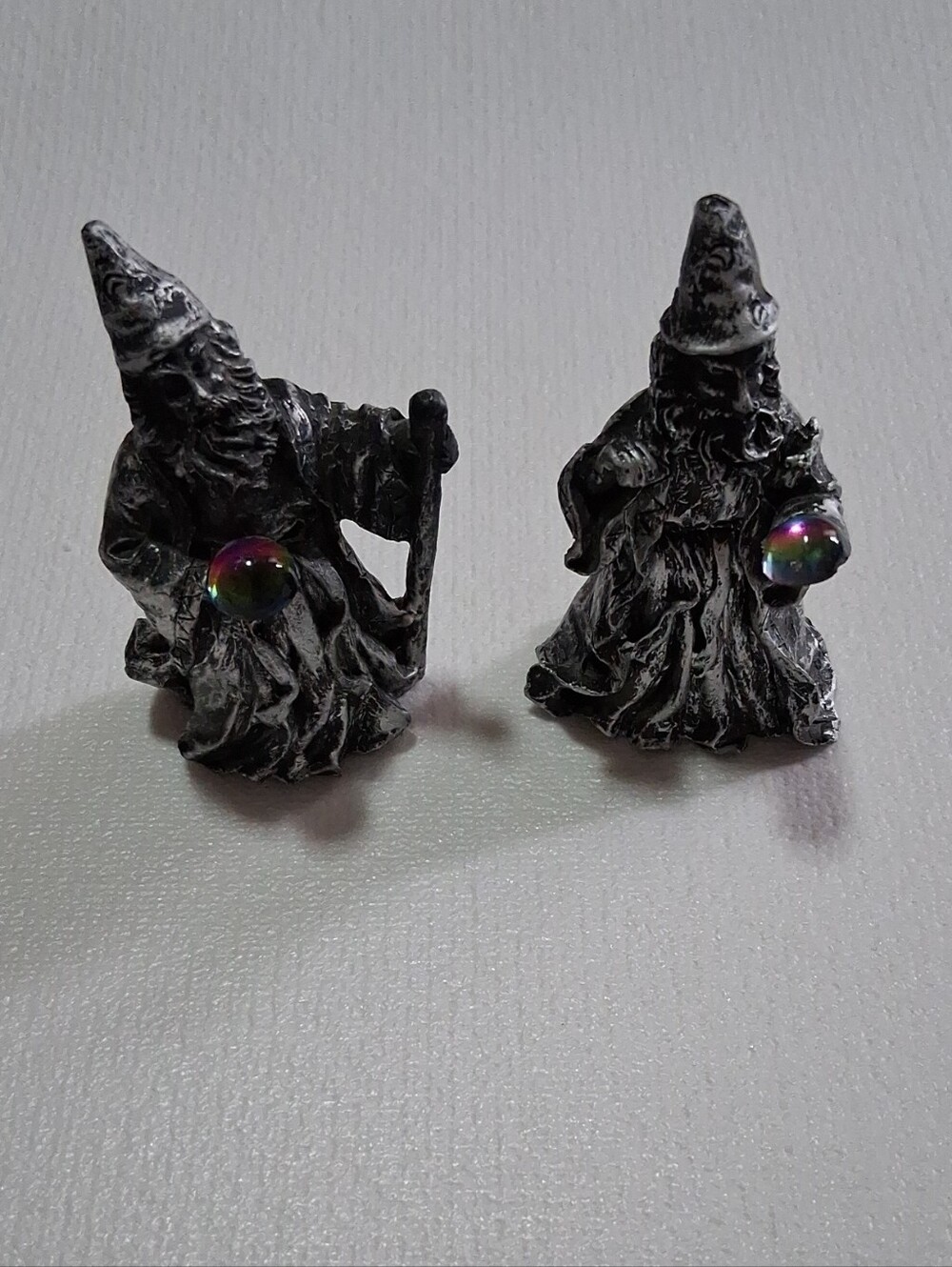 Vintage-Inspired Gray Wizard Figurines with Iridescent Orbs - Home Accents